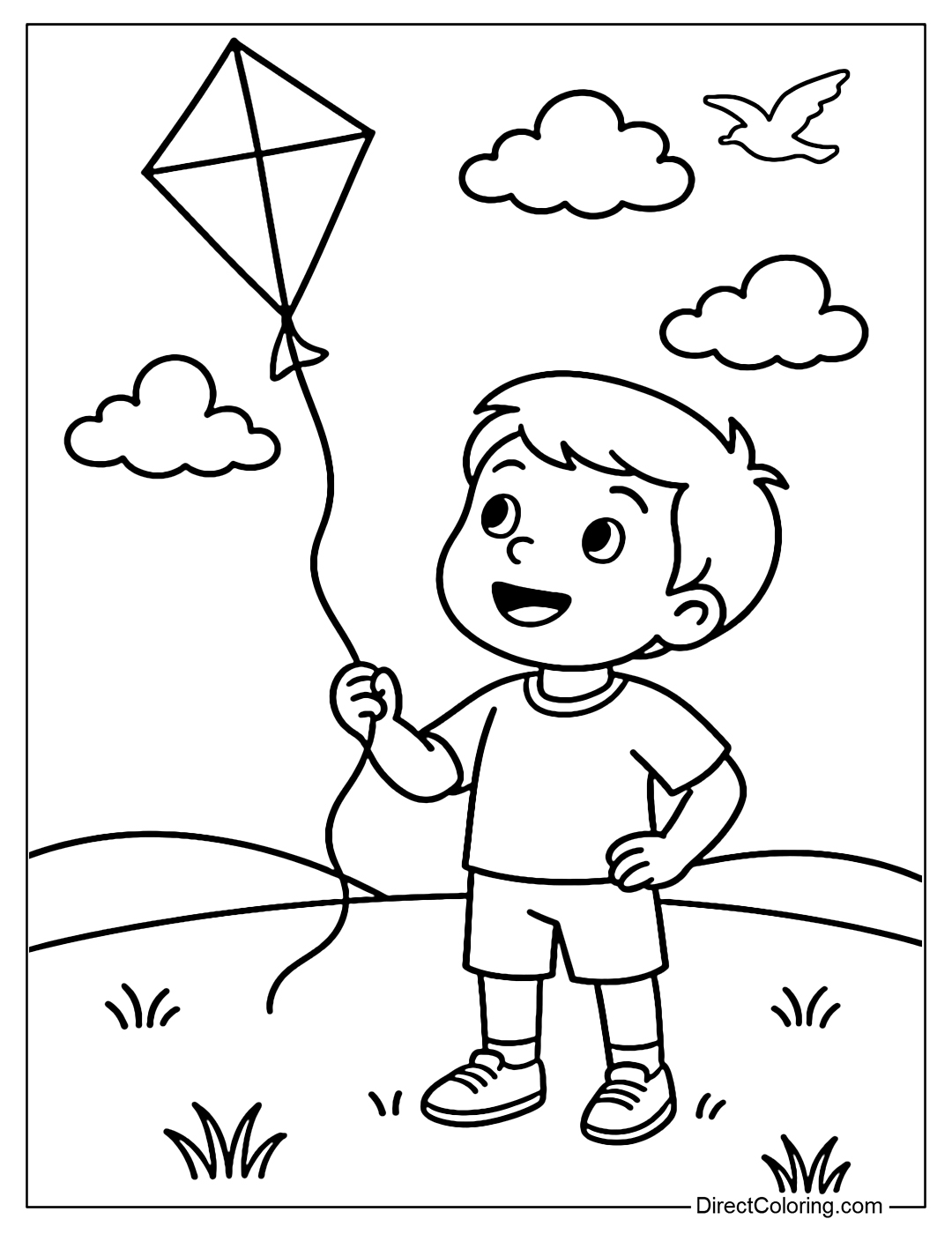 Coloring page of a boy standing watching a kite fly high, with birds and clouds drifting behind.